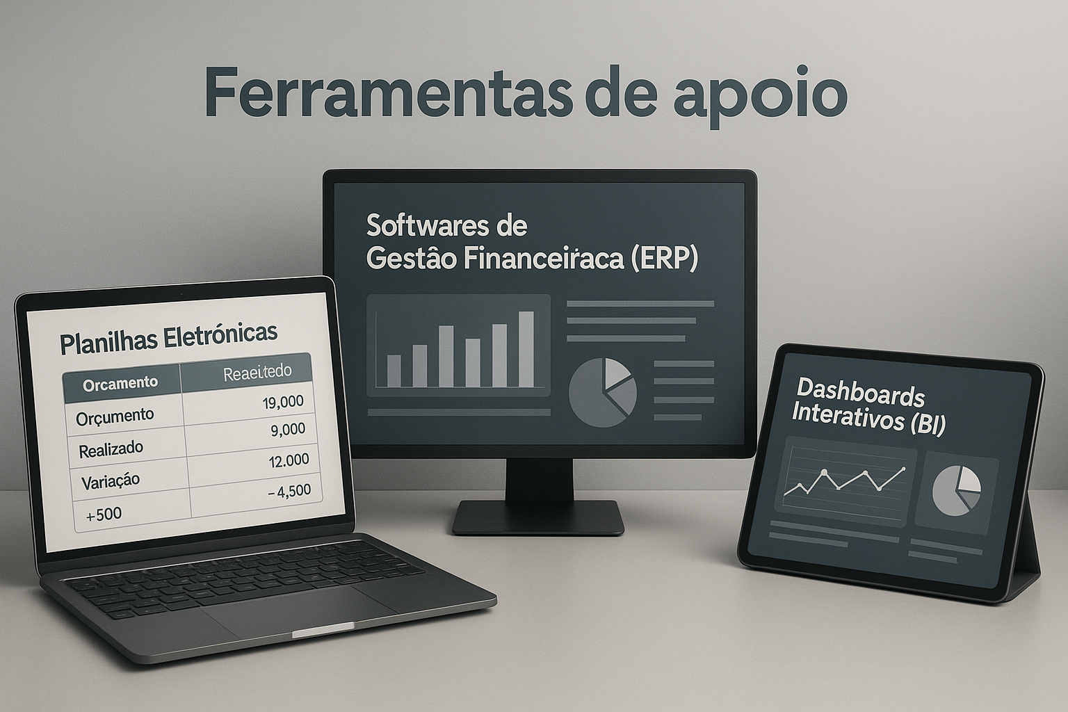 Planilha, sistema ERP e dashboard de BI utilizados como ferramentas de apoio na análise Real x Orçado